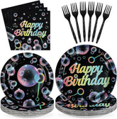 96 Pcs Black Bubble Birthday Party Plates and Napkins - Grencian