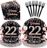 96 Pcs Black Rose 22th Birthday Party Plates and Napkins - Grencian