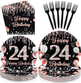 96 Pcs Black Rose 24th Birthday Party Plates and Napkins - Grencian