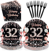 96 Pcs Black Rose 32th Birthday Party Plates and Napkins - Grencian