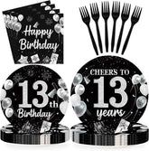 96 Pcs Black Silver 13th Birthday Party Plates and Napkins - Grencian