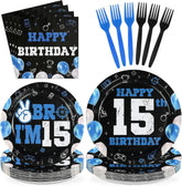 96 Pcs Blue Black 15th Birthday Party Plates and Napkins - Grencian