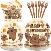 96 Pcs Brown Capybara Birthday Party Plates and Napkins - Grencian