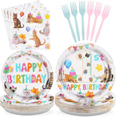 96 Pcs Cat 1st Birthday Party Plates and Napkins - Grencian