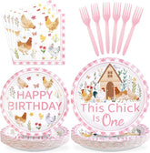 96 Pcs Pink Chicken 1st Birthday Party Plates and Napkins - Grencian