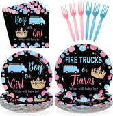96 Pcs Fire Trucks or Tiaras Gender Reveal Party Plates and Napkins - Grencian