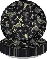 50Pcs Animal Skull Paper Plates 9 Inch Black Gold Halloween - Grencian