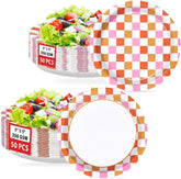 Pink and orange gingham disposable paper plates 9 inch