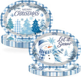 50Pcs Christmas Oval Paper Plates 10x12 Blue Plaid - Grencian