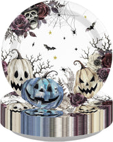 50Pcs Blue Pumpkin Floral Halloween Paper Plates 9 Inch - Grencian