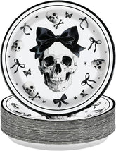 50Pcs Gothic Skeleton Black Bow Paper Plates 9 Inch - Grencian