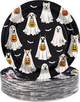 50Pcs Halloween Ghost Dog Paper Plates 7 Inch Black - Grencian