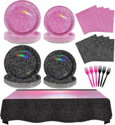 98Pcs Hot Pink and Black Party Supplies Serves 24 - Grencian