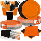 560Pcs Black and Orange Party Set Serves 80 - Grencian