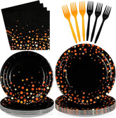 96Pcs Halloween Orange Black Polka Dot Plates and Napkins - Grencian