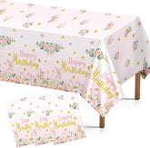 3Pcs Pink Bunny Birthday Tablecloth Floral Rabbit - Grencian