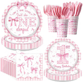 168Pcs Pink Bow 1st Birthday Supplies Serves 24 - Grencian