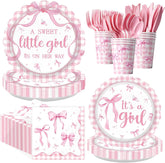168Pcs Pink Bow Baby Shower Coquette Supplies Serves 24 - Grencian
