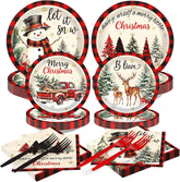 200Pcs Snowman Plaid Christmas Plates Napkins Set - Grencian