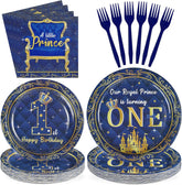 Royal Prince 1st Birthday Plates and Napkins Set - 96 Pcs, Serves 24 - Grencian