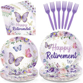96Pcs Purple Butterfly Retirement Party Supplies Serves 24 - Grencian