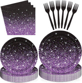 96Pcs Purple Black Glitter Gradient Party Set - Grencian