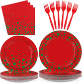 96Pcs Christmas Red Green Polka Dot Plates Set - Grencian