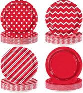 60Pcs Red and White Paper Plates 9 Inch 4 Patterns - Grencian
