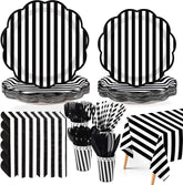 194Pcs Black White Striped Party Supplies Serves 24 - Grencian