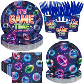 Neon Sports Gaming Party Plates & Napkins Set - 168 Pcs, Serves 24 - Grencian