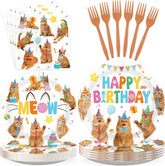 96 Pcs Orange Cat Birthday Party Plates and Napkins - Grencian