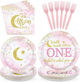 Over The Moon 1st Birthday Plates & Napkins Set - 96 Pcs image 1