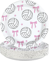 50 Pcs 9-inch Pink Bow Volleyball Party Paper Plates - Grencian
