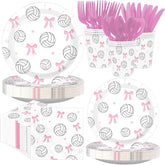 168 Pcs Pink Bow Volleyball Party Plates Napkins Cups and Forks - Grencian