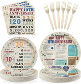 96 Pcs Retro 10th Anniversary Party Plates and Napkins - Grencian