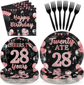 96 Pcs Black Rose 28th Birthday Party Plates and Napkins - Grencian