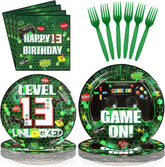 96 Pcs Green Video Game 13th Birthday Party Plates and Napkins - Grencian