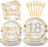 96 Pcs White Gold 18th Birthday Party Plates and Napkins - Grencian