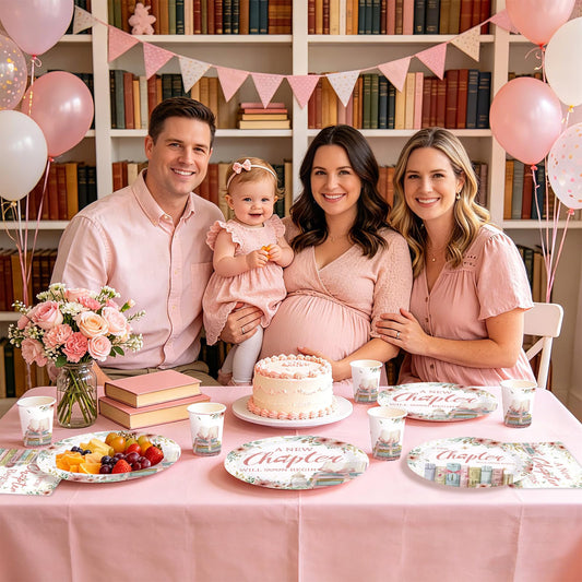 Baby shower party with pastel decorations, balloons, and baby shower supplies