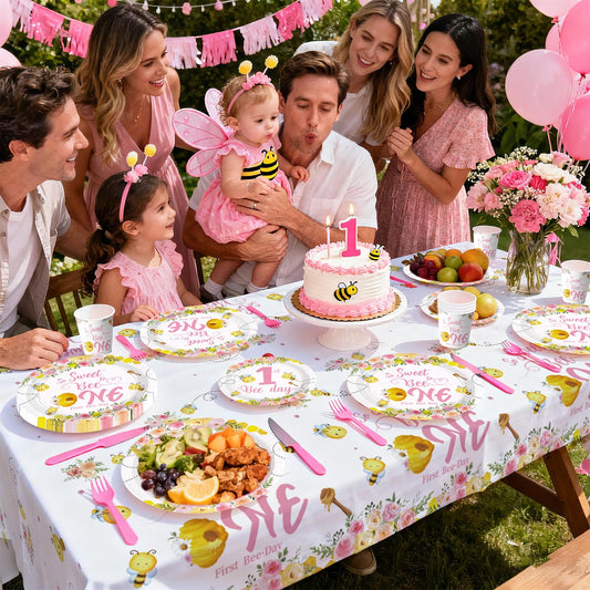 First birthday party celebration with balloons, banners, and themed tableware and decorations