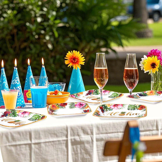 Tropical luau party with tiki decorations, leis, and Hawaiian luau party supplies
