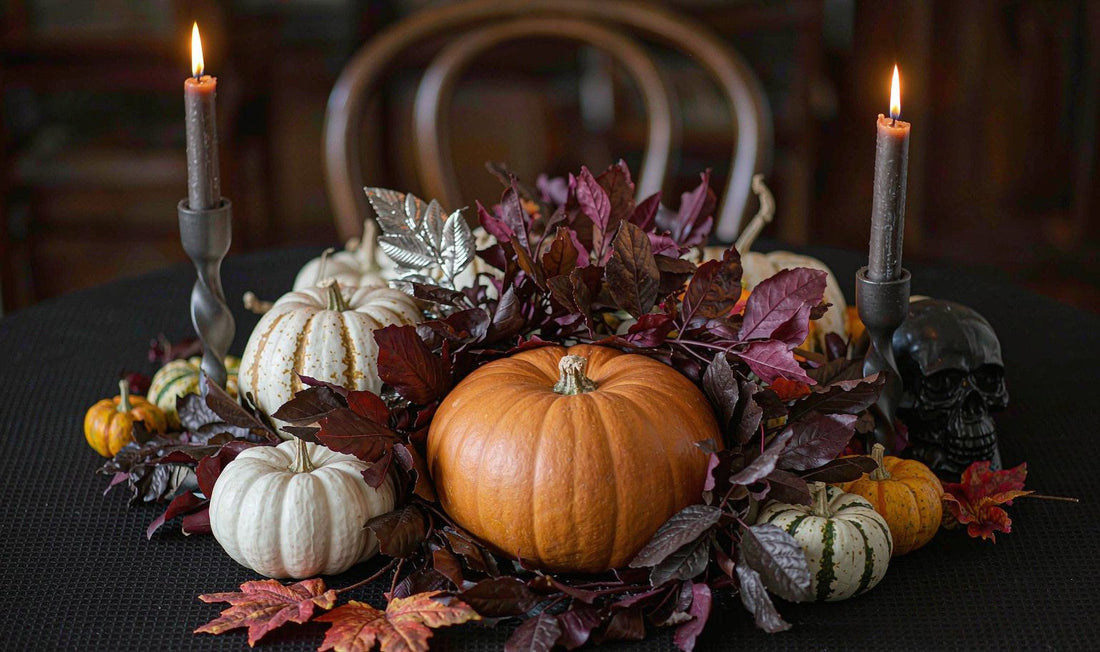 Elegant Halloween table decor with candles, pumpkins, and a dark floral centerpiece