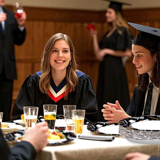 Graduation party with cap and gown decorations, balloons, and graduation party supplies