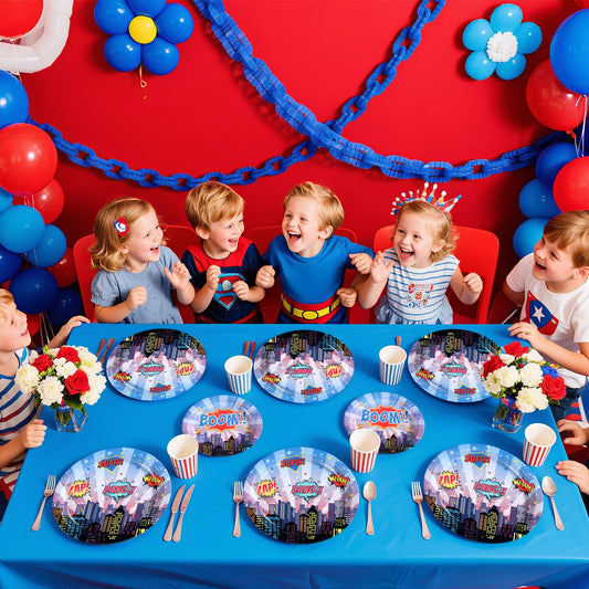 Superhero themed birthday party with hero decorations, capes, and superhero party supplies