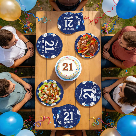 21st birthday party celebration with balloons, banners, and themed tableware and decorations