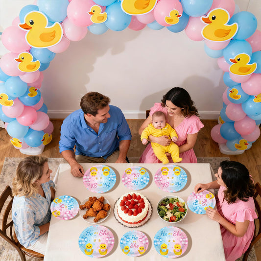 Gender reveal party with pink and blue decorations and gender reveal party supplies