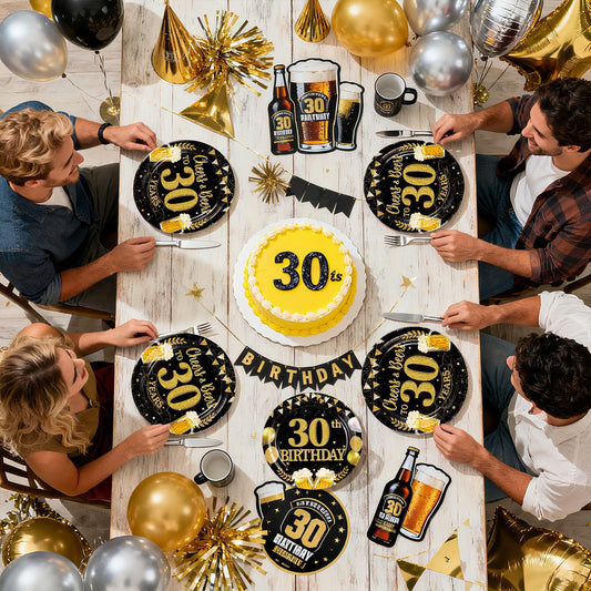 30th birthday party celebration with balloons, banners, and themed tableware and decorations