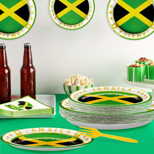 Jamaica independence day party with national flag decorations, patriotic tableware, and themed party supplies