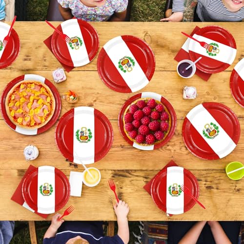 Peru Fiestas Patrias independence day party with national flag decorations, patriotic tableware, and themed party supplies