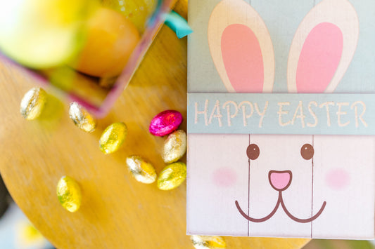 Easter party with pastel egg decorations, spring tableware, and Easter party supplies